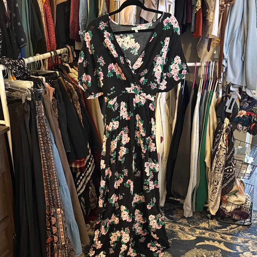 love, Fire Black Maxi Dress with Pink & Green Floral Print